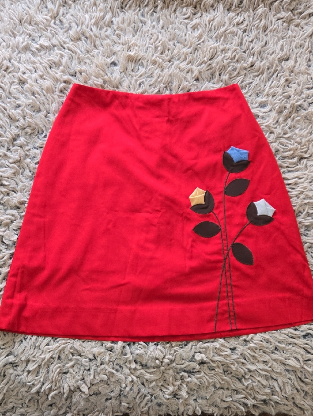 Vintage Handmade OOAK Women's Skirt Lined with Shorts In Bright Red 3D Flowers